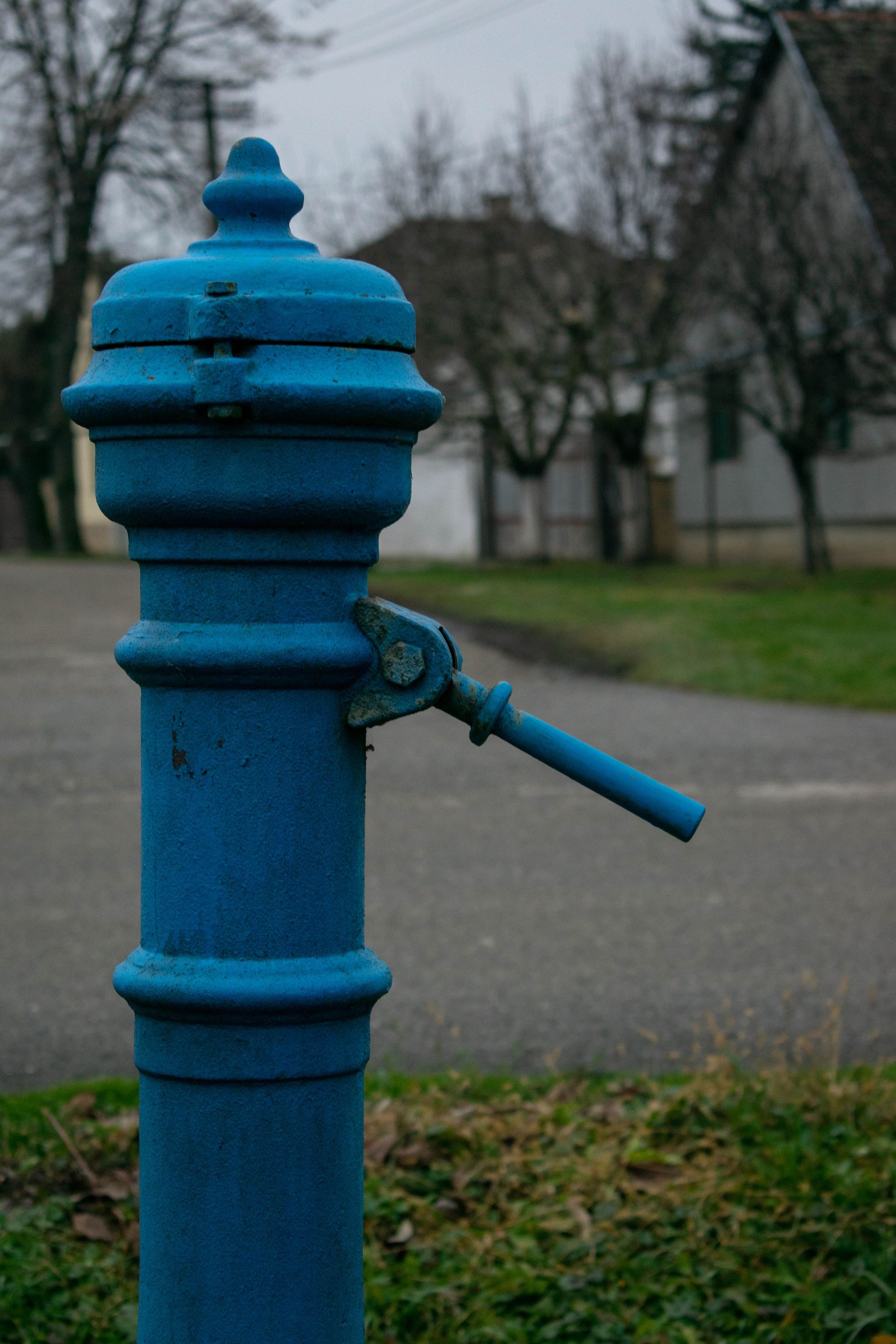 Detailed view of a vintage blue water pump on a quiet suburban street, highlighting its rustic charm.